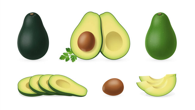 Realistic green avocado healthy eating 3d rendering whole slice halved avocado with bone composition ripe avocado vector illustration isolated white background