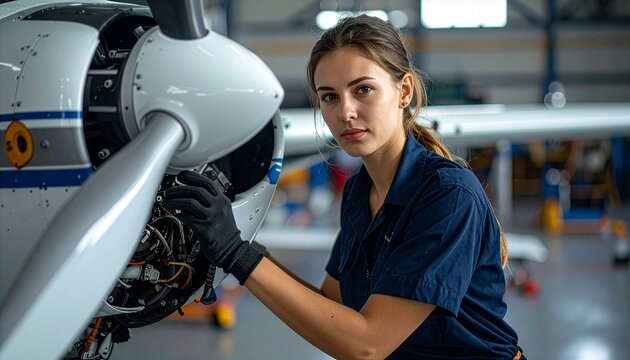 Professional female aircraft mechanic wearing blue shirt and gloves looking at camera while repairing small airplane propeller engine inside aviation hangar facility