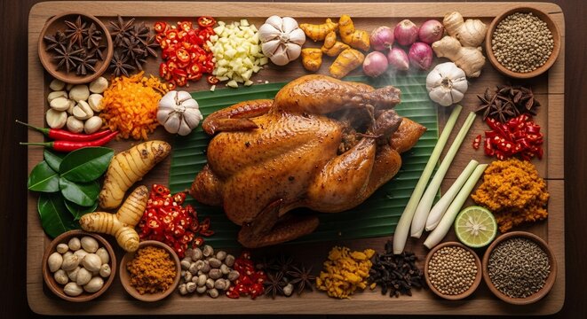 Roasted chicken and spices display