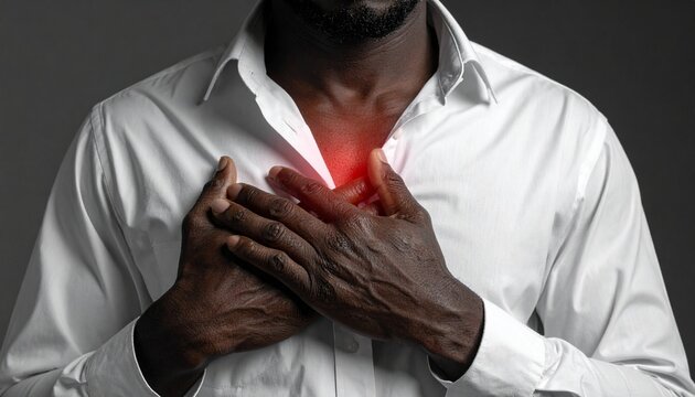 Close up of Black man wearing white shirt holding chest with red pain glow representing acute heart attack symptoms disease illness medical healthcare concept