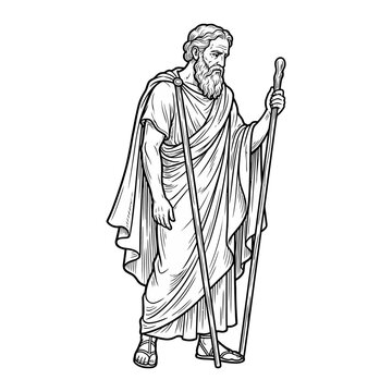 Ancient bearded philosopher holding staff in robes engraving.