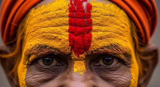 Close-up portrait of an Indian sadhu adorned with vibrant yellow turmeric and red pigment on his face.