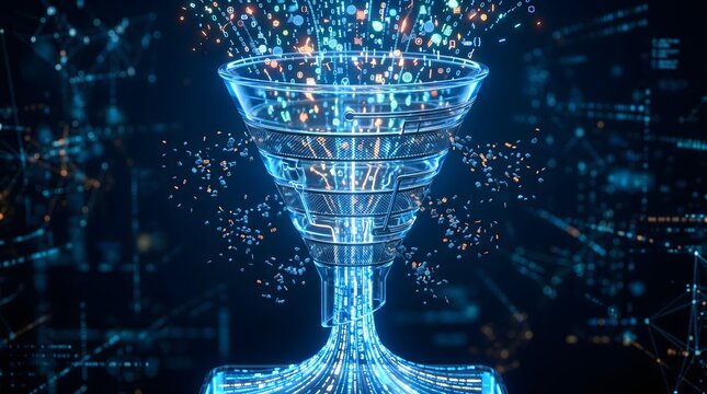 Glowing blue data funnel processing intricate digital information against a dark network background for business analytics applications.