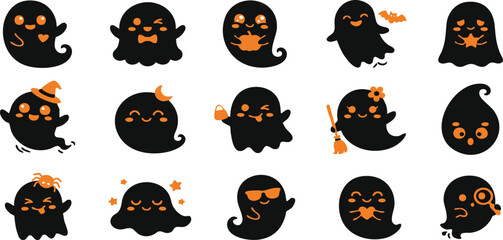 Fototapeta premium Set of cute black ghost stickers with various expressions and halloween themed accessories for creative design projects