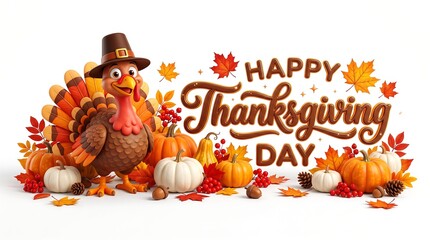 Fototapeta premium Festive thanksgiving day greeting card featuring a cute cartoon turkey wearing a pilgrim hat with pumpkins and autumn leaves