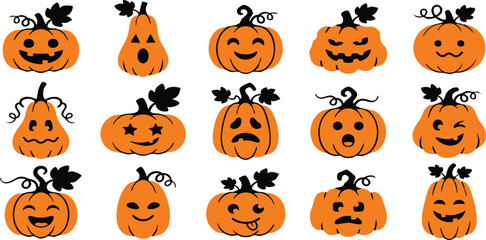 Fototapeta premium Set of cute hand drawn pumpkins with various funny facial expressions for halloween holiday design elements