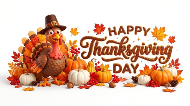 Festive thanksgiving day greeting card featuring a cute cartoon turkey wearing a pilgrim hat with pumpkins and autumn leaves