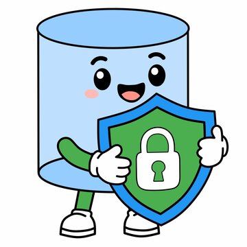 Database Security Mascot Character Holding Cyber Protection Shield Vector Illustration