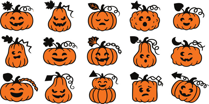 Set of cute hand drawn pumpkins with various funny facial expressions for autumn and halloween design projects