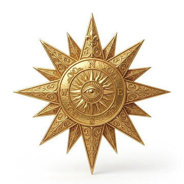 Golden compass rose symbol for navigation and design. Ornate directional star with intricate detailing for maps and branding.