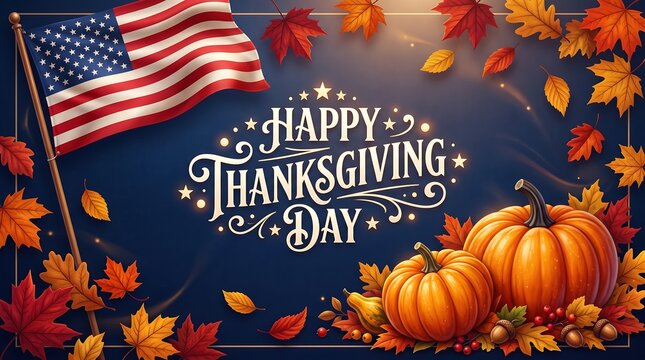 Festive thanksgiving day background featuring american flag pumpkins and colorful autumn leaves for holiday celebration and seasonal greeting cards