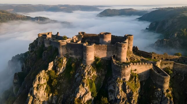 Panoramic aerial view of an ancient hilltop stone fortress above clouds at dawn