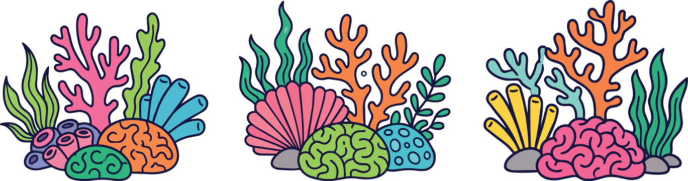 Set of three colorful coral reef elements with sea plants and brain corals isolated on white background marine life illustration for ocean decor.