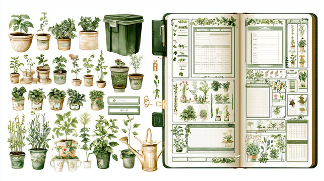 Botanical gardening planner set with watercolor potted plants, herbs, gardening tools, watering can, and green journal pages for garden organization and plant care tracking on white background.