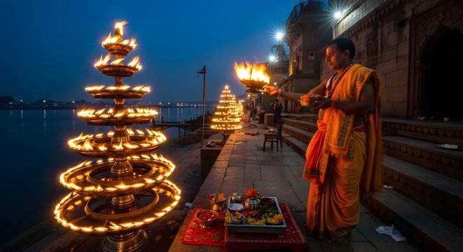 A priest performs the sacred evening Ganga Aarti ritual with lit diyas along the riverbank in Varanasi.