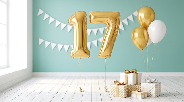 Festive 17th birthday setup featuring gold foil number balloons, white and gold balloons, gift boxes, and white bunting against a teal wall. 
