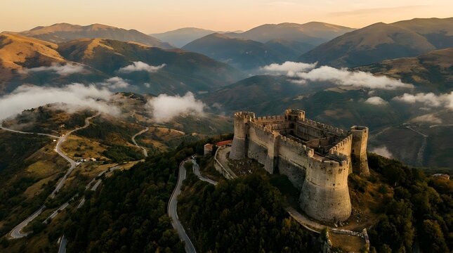 Aerial view of an ancient stone castle atop a mountain ridge at sunset