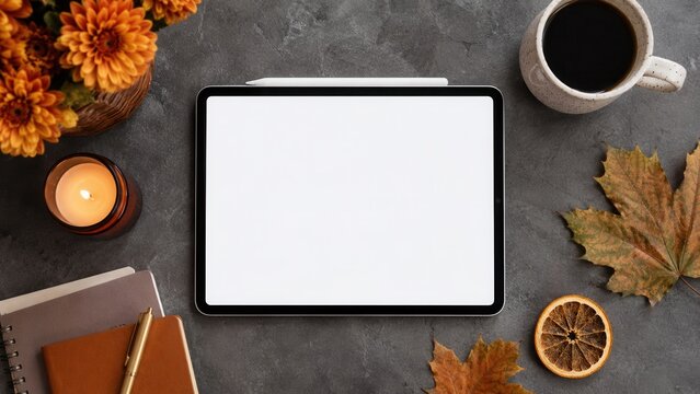Autumn tablet mockup with blank screen coffee candle notebook and seasonal decor on dark stone background
