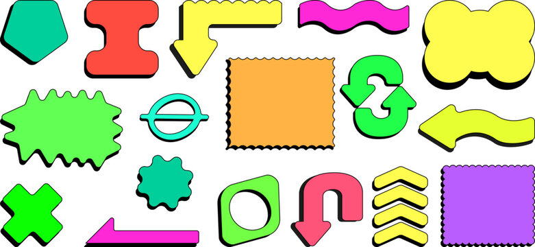 Colorful shapes are arranged in a creative layout. The stickers include various forms like arrows, stars, and squares. They sit on a plain background and invite fun ideas.