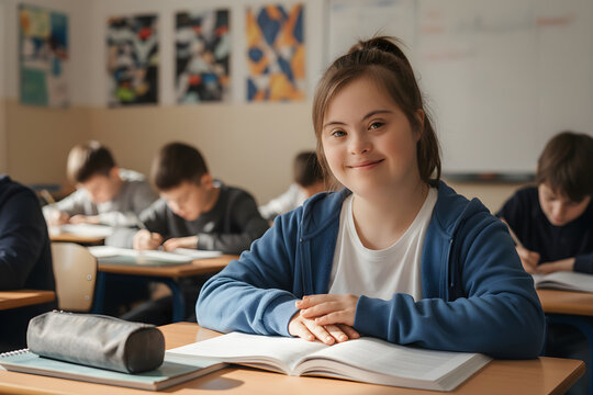 Happy student girl with down syndrome smiling in classroom