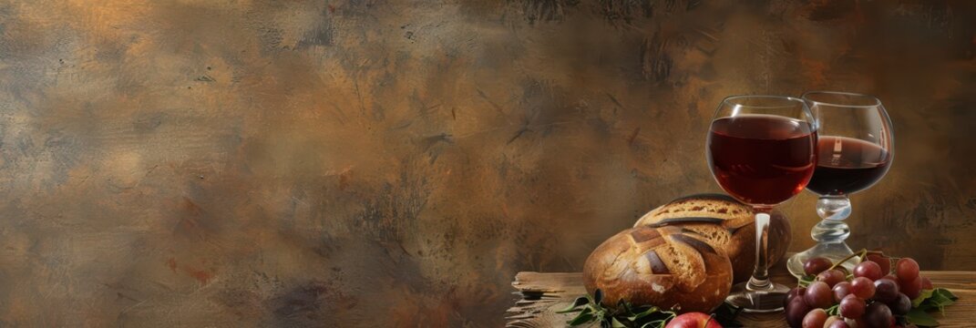 Braided bread with two glasses of red wine and grapes for yom kippur holiday table background and solemn celebration banner. Copy space