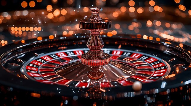 Casino roulette wheel spinning, blurred lights background