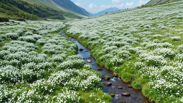Aerial view of a mountain valley with a winding stream flanked by dense white wildflowers and green grass under a blue sky