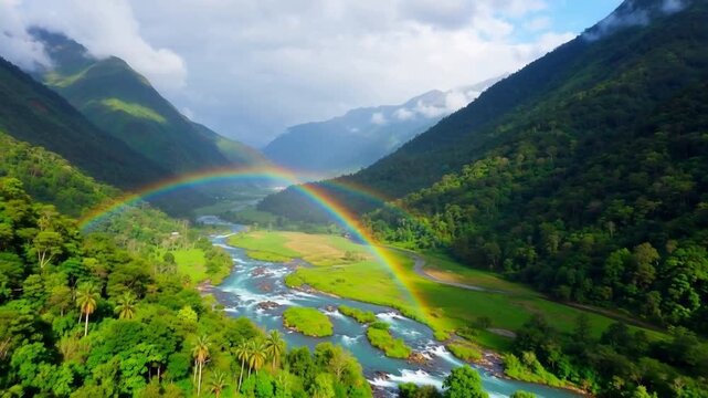 Aerial view of a vibrant double rainbow arching over a winding river through lush green mountain valleys