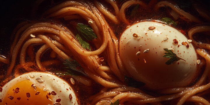 A close-up shot of steaming ramen noodles with a soft-boiled egg, garnished with chili flakes and herbs