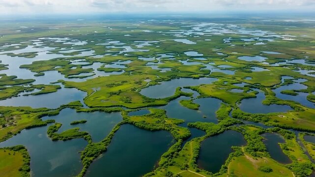 Aerial view of lush green wetlands with interconnected lakes and waterways under a partly cloudy sky