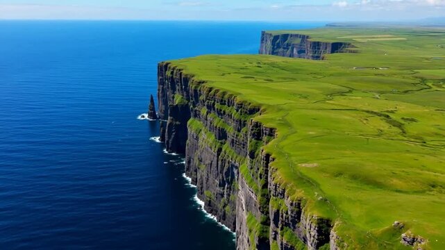 Aerial view of dramatic green cliffs overlooking deep blue ocean with sea stacks and coastal erosion features