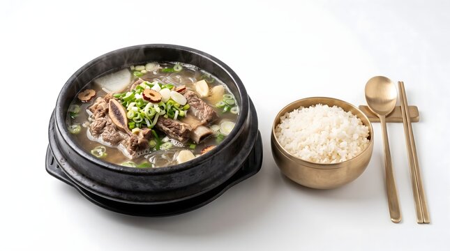 Korean Beef Short Rib Soup Galbitang Set with Brass Rice Bowl and Chopsticks