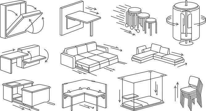Collection of line art illustrations showing various space saving and multifunctional furniture designs.