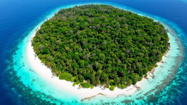 Aerial view of a lush, circular tropical island surrounded by turquoise coral reef and deep blue ocean