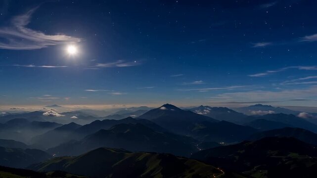 Moonlit mountain range under starry night sky with clouds drifting past the moon