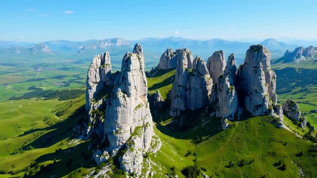 Aerial view of towering limestone rock formations rising from lush green hills under a clear blue sky