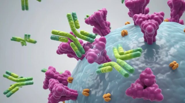 Microscopic view of antibodies attacking a virus particle