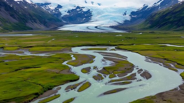 Aerial view of a glacial river winding through lush green tundra with snow-capped mountains and a massive glacier in the background