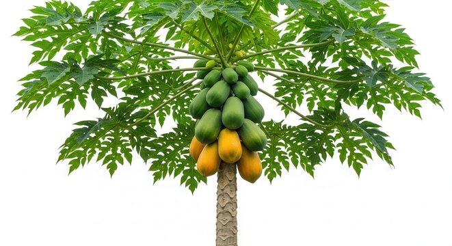 papaya tree with ripe and unripe fruits