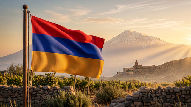 Waving Armenian Flag with Mount Ararat and Khor Virap Monastery
