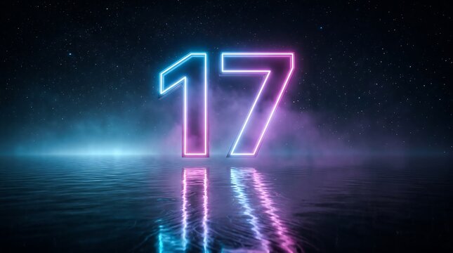 Glowing cyan and magenta neon number 17 floating above calm water with reflections, fog, and a starry night sky background.