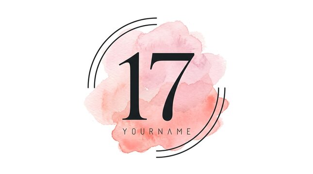 Elegant number 17 logo design featured over a soft pink watercolor splash with delicate circular line accents and customizable placeholder text.