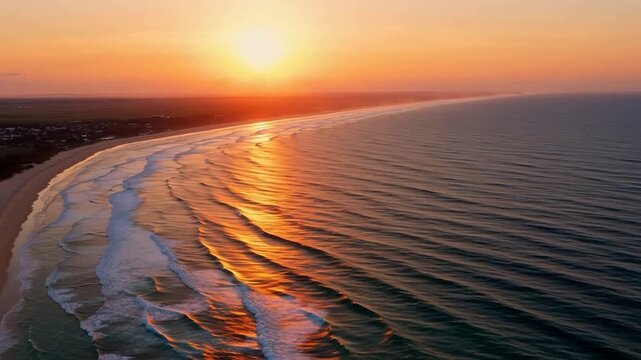 Aerial view of golden sunset over ocean waves crashing on sandy beach with coastal landscape