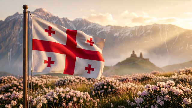 Waving Georgia Flag with Caucasus Mountains and Gergeti Trinity Church