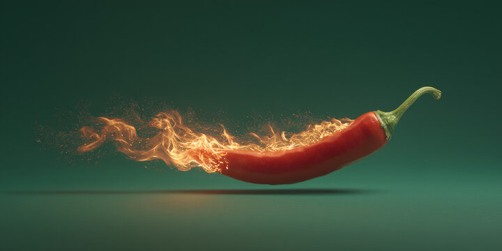 A vibrant red chili pepper engulfed in flames against a dark green background. The fire trails from the pepper, suggesting intense heat and spice