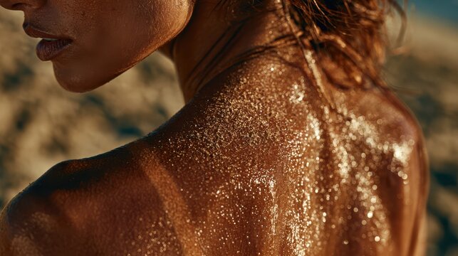 Close-up of a sun-kissed, sweaty shoulder and neck of a person with glistening skin under warm natural light.