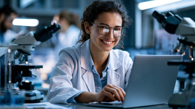 Over the shoulder view of a happy woman scientist in goggles using a laptop and microscope in a bright laboratory for chemistry research face outside the frame scientist