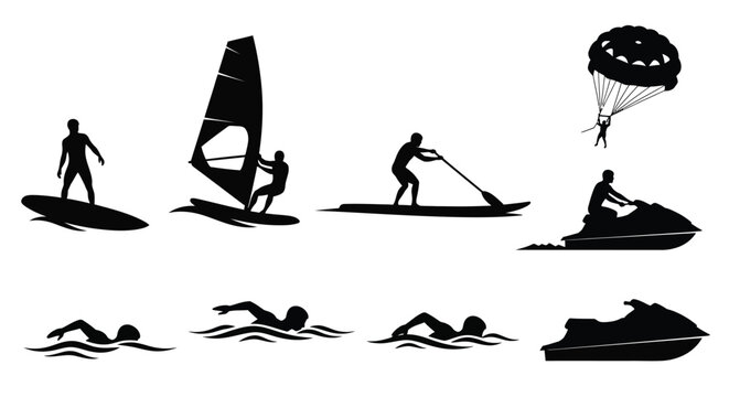 Silhouette collection depicting various watersports and recreational activities on water
