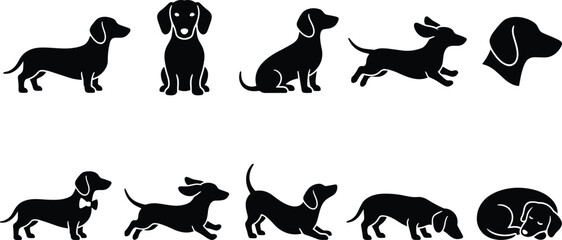 Fototapeta premium Dachshund Silhouette Icon Set with Black Wiener Dog Breeds for Vinyl Decals, Veterinary Branding, and Craft Cutting Layout Designs