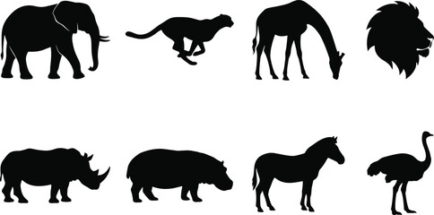 Set of black silhouette icons of wild African animals including elephants, lions, and giraffes. © Anamul Arafat